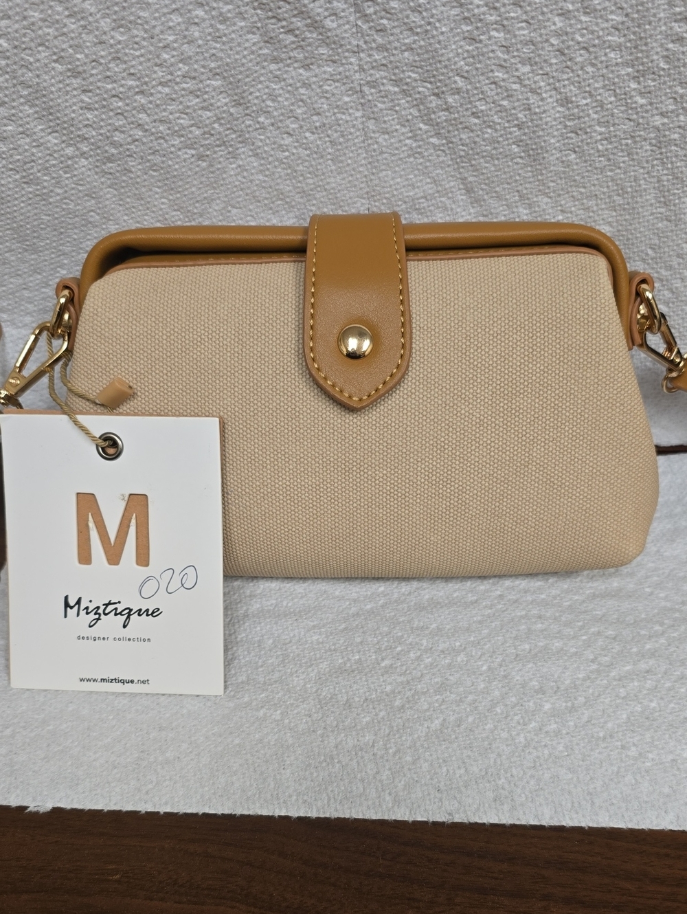 Miztique Cream Canvas Structured Frame Shoulder Crossbody Bag NWT